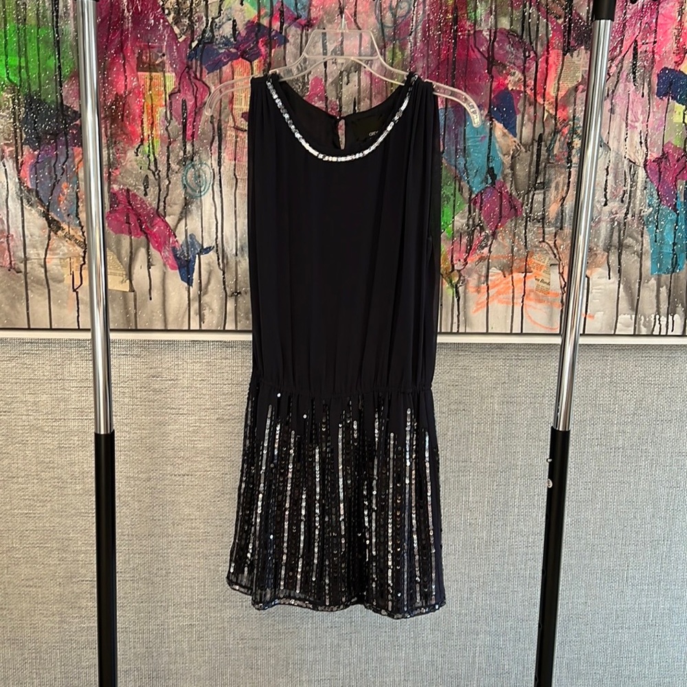 Navy sleevelss dress, sequins & bead details